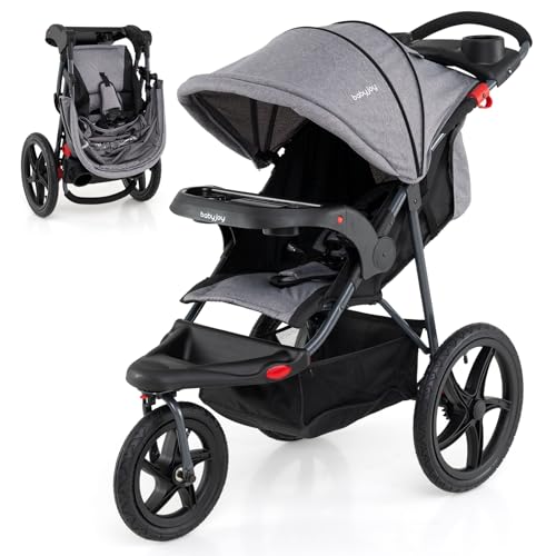 BABY JOY Jogging Stroller, Foldable Jogger Stroller with Adjustable Canopy & Backrest, Air-Filled Tires, Child & Parent Tray, Cup Holders, Storage Basket, Running Stroller for Babies Toddlers (Gray)