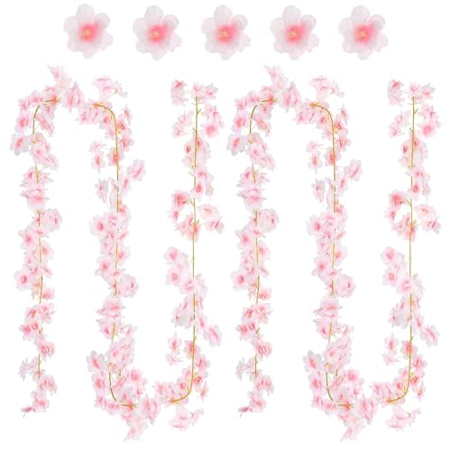 Bebochoi 3 Stück Künstliche Kirschblüten Girlande Blumenranke, 1,8M Kirschblüte Hangend Vine Seidenblumen Dekor, 135 Blütenköpfe Rosa Party Hochzeit Deko Künstliche, Kirschblüten Deko(Hellrosa, 5,4M)