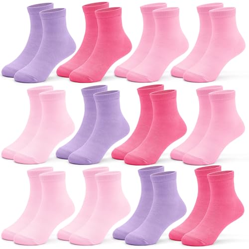 Image of LAETBBE 12 Pairs Girls Socks Toddler Girls Crew Socks Athletic Girl's Colorful Mid Cut Sock Multipack for Kids 1-14 Years