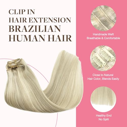 Image of GOO GOO Clip in Hair Extensions Real Human Hair, Remy Human Hair Extensions Clip ins for Women, Natural Human Hair, 14inch 150g 9Pcs, 17A /60A Ash Blonde Highlighted Platinum Blonde