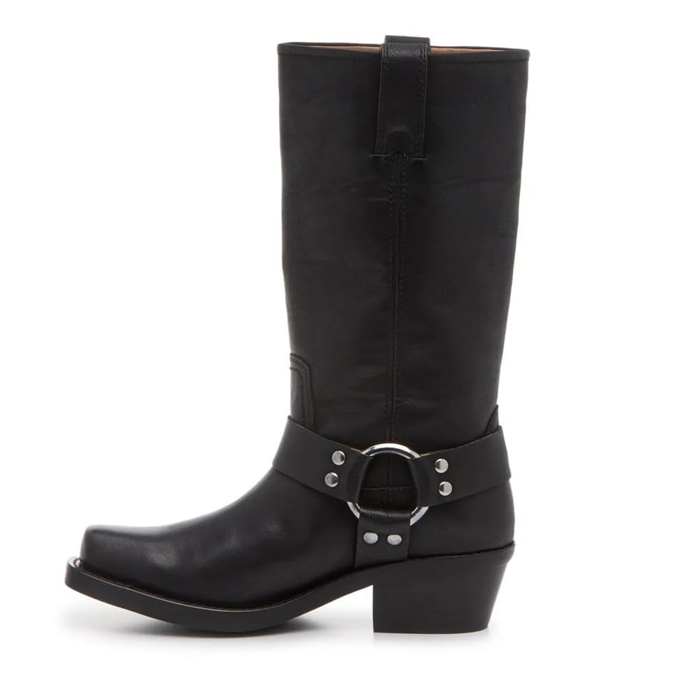 Womens Square Toe Pull On Mid Calf Biker Riding Boots Chunky Block Heel Cowboy Western Motorcycle Booties With