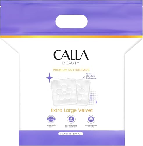 CALLA BEAUTY Velvet XL Cotton Pads 500 Counts - Premium Spunlace Technology - Large, Ultra Soft 3x3 Square Pads for Makeup Removal, Toner, Nail & Tattoo, Lint-Free & Absorbent for Face & Body
