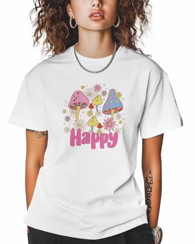 Graphic Women's T-Shirt Happy Blue Pink Mushroom Daisy Cotton Top