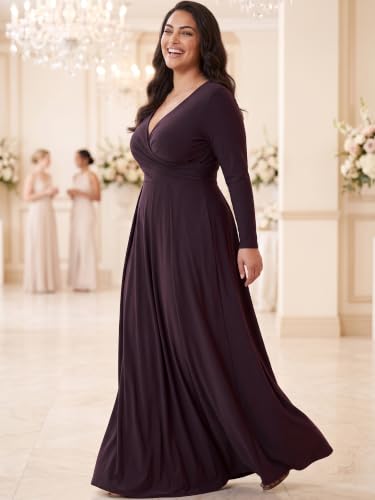 Image of KOH KOH Womens Long Sleeve V-Neck Flowy Modest Elegant Evening Maxi Dress