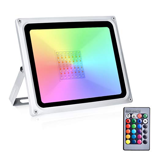 XYD 50W RGB LED Luces De Inundación Con Control Remoto, 16 Colores 4 Modos 4000lm IP65 Iluminación De Seguridad Para Exteriores Foco Para Garaje Jardín Césped Parque Infantil Hotel