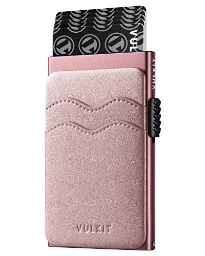 Image of VULKIT Credit Card Holder Minimalist Slim Pop Up Wallet with Leather Slots RFID Blocking for Men and Women Holds 7 Cards and Notes Pearl Pink