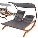di volio Sonnenliege mit Dach Pionza, Doppelliege mit Verstellbarer Rückenlehne, Gartenliege aus Holz für 2 Personen - wetterfest & bequem (Grau)