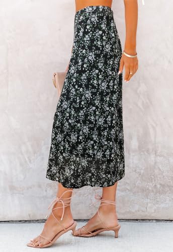 Image of HERBATOMIA Women's Floral Print Midi Skirt Casual High Elastic Waist Zipper Vintage Long Boho Skirts for Women