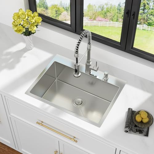 Image of Kichae 24 Drop In Kitchen Sink - Stainless Steel Sinks 24 x 18 Inch Topmount Overmount Single Bowl Handmade Basin with Accessories