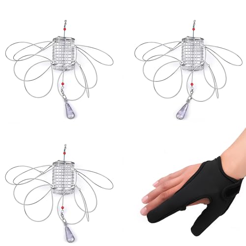 LSYZFPSTARS 3 Pack Stainless Steel Crab Trap - 8-Loop Cylindrical Crab Snare with Glove & Lead Sinkers, Suitable for Dungeness, Blue, Red & Rock Crab, Ready to Use for Beach, Pier & Dock Fishing
