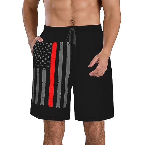 Mens Swim Trunks Thin Red Line Firefighter Flag Beach Trunks Quick Dry Swim Shorts Swimwear Bathing Suits
