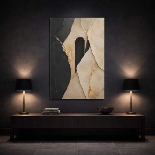 Tableau moderne formes abstraites noir or beige salon 30x45