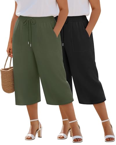 Riyiper 2 Pack Women's Plus Size Cotton Linen Capri Pants, Wide Leg High Waist Palazzo Casual Drawstring Trouser with Pockets