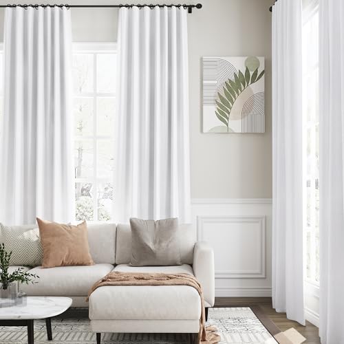 Image of Nanspring White 100% Blackout Linen Curtains 96 Inches Long for Bedroom Back Tab Thermal Insulated Modern Farmhouse Decor Black Out Curtain for Living Room Dining Room Drapes 52x96, 2 Panels