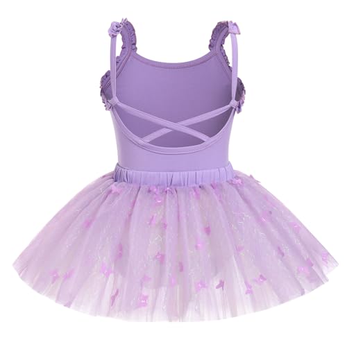 AFAVOM Toddler Kids Girls Butterfly Sequins Camisole Ballet Dance Dress Open Backless Ballet Leotards with Butterfly Tutu Skirt 2PCS Ballerina Dancewear Outfit for Party Performance Purple 7-8 Years