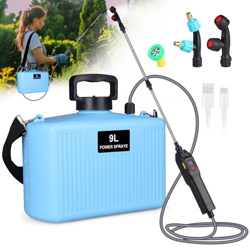 9L Pulverizador Eléctrico, Pulverizador Jardín Potente con 3 Boquillas, 2 Velocidades, Pulverizadors Recargable con Varilla Retráctil Ideal para Césped, Jardín, Patio