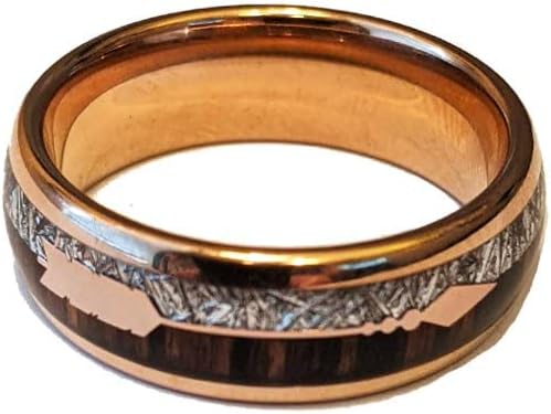 18K Rose Gold Tungsten Rings for Men Meteorite Ring Wood Wedding Bands with Arrow and Meteorite Inlay 8mm Space Rock Engagement Ring Wooden Anniversary Gifts
