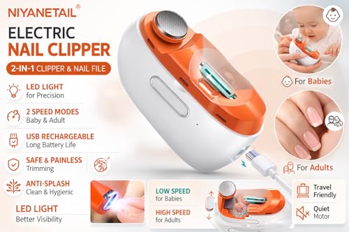 Image of Electric Nail Clipper with LED Light | USB Rechargeable 2-in-1 Nail Clipper & Nail File | 2 Speed Safe Anti-Splash Automatic Nail Trimmer for Baby, Kids & Adults