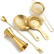 Homestia 5-Piece Gold Cocktail Strainer Set, Stainless Steel Hawthorne + Julep + Fine Mesh Strainers with Bar Spoon & Jigger, Professional Bartending Tools Bar Mixing Kit