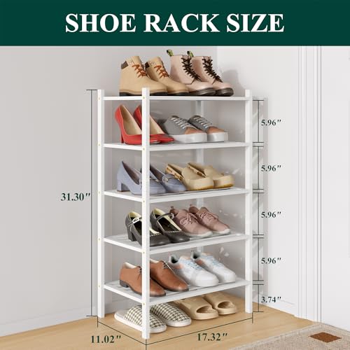 Image of Smiry Bamboo Shoe Rack, 5 Horizontal Slats, 5 Tier - 17.3 inch Wide, White