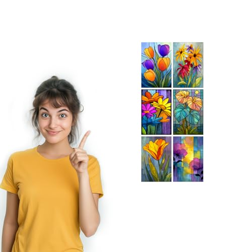 Image of SiddArtify Floral Stained Glass Wall Art Poster Print Set - Modern Flower Decor for Living Room Bedroom Office - Set of 2-4x6 Inch - Board (Pack of 6) - Sticker (Pack of 6)