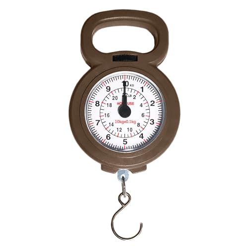 Báscula analógica de 10 kg para equipaje y pesca, fácil de usar, portátil y compacta, báscula con gancho resistente para maletas, pescadores y uso doméstico (marrón)