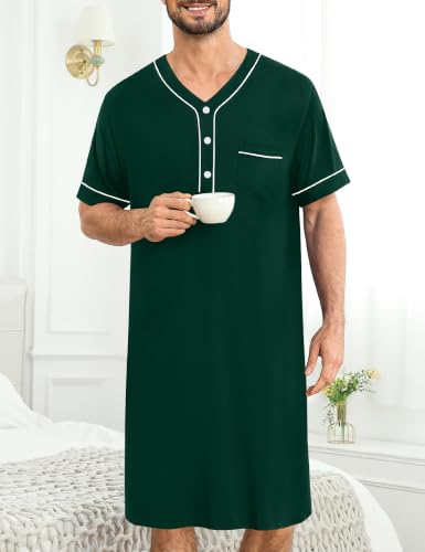 Image of SWOMOG Mens Nightgown Short Sleeve Lounge, Sleep Henley Shirt Pajama Big & Tall Nightshirt Comfy Nightwear M-3XL