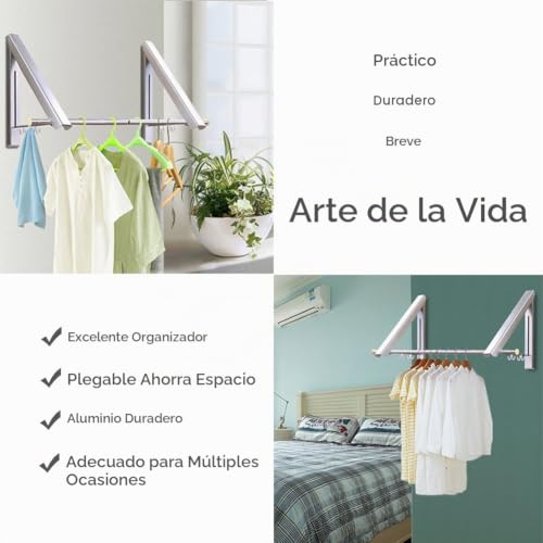 Miniatura 2 de Livehitop Plegable Perchero De Pared 2 Piezas, Abatible Aluminio Ropa Percha Organizador Con Ganchos Y Tubo Para Sala, Cuarto, Baño, Balcón, Oficina, Ahorra Espacio