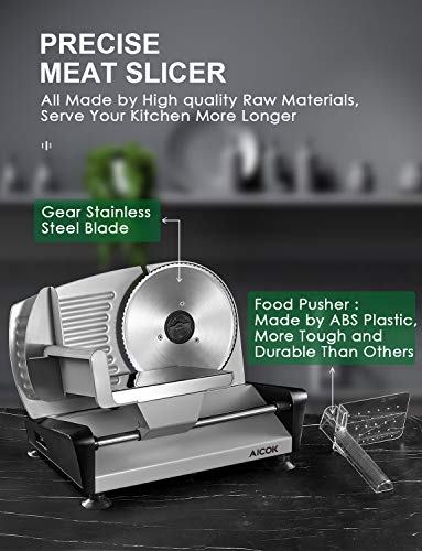 AICOK Meat Slicer Electric Deli & Food Slicer for Home Use, 7.5" Removable Stainless Steel Blade with Adjustable Thickness Dial(0-15mm) for Meat, Cheese, Bread, Include Food Pusher and Non-Slip Feet