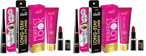 Image of Iba Makeup Combo 2-24 Karat Gold BB Cream(Medium Shade) | Long Stay Eyeliner | Ruby Touch A65 Lipstick (Set of 3) (Pack of 2)