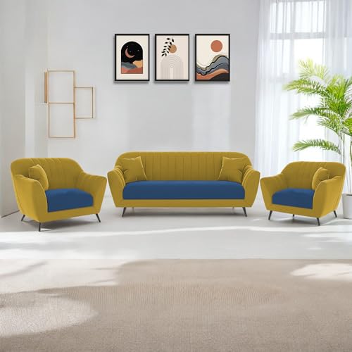 Image of Atticus 3+1+1 Seater Sofa Set for Living Room (Yellow Blue Colour) Premium Fabric Sofa
