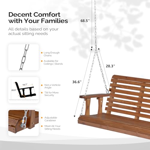Image of VINGLI 5 FT Outdoor Porch Swing, Upgraded XL Size Seat Depth & Back Height Wooden Patio Swing, Heavy Duty 880 LBS Front Hanging Swing for Yard, Tree, Balcony (Brown)
