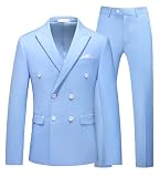 MOGU Suits for Men, 2 Piece Slim Fit Suit with Double Breasted Blazer and Tuxedo Pants, Jacket 42 & Pants 38 (42, Light Blue)
