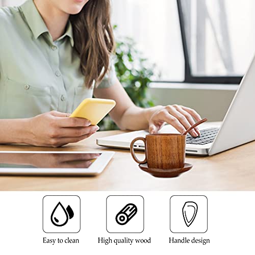 Hemoton Wooden Coffee Mug Cup With Spoon And Coaster Set Vintage Teacup Espresso Tea Cups With Saucer Natural Milk Mug Wood Drinking Glasses #TOP5