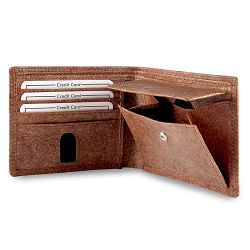 Fa.Volmer ® Vegane Geldbörse Herren aus Kokosleder mit Baumwollfutter – plastikfrei – RFID-Schutz, 6 Kartenfächer, 1 Münzfach – inkl. Geschenkbox | Modell: Jakarta (rehbraun)
