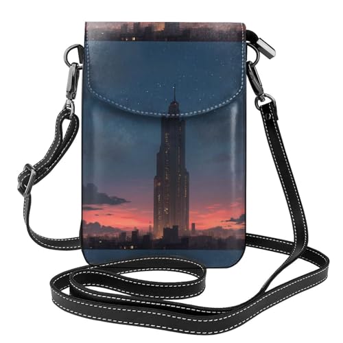 WHJSHOP Alti edifici nella borsa del telefono di vibrazione di vibrazione della borsa di cuoio delle piccole donne di immagine di sole di sera, impermeabile e durevole