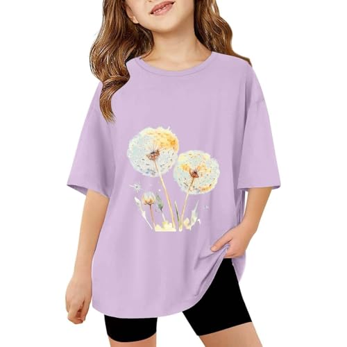 Kids Floral T-Shirt for Girls Dandelion Print Short Sleeve Blouse, Loose Fit Crew Neck Casual Summer Top | Toddler Tee
