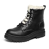 DREAM PAIRS Black Furry Strong-5 Lace-up Platform Combat Boots Womens Ankle Booties Size 8.5, Black/Furry