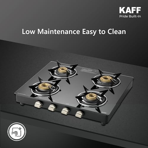 Image of KAFF CTC 63 4B Gas Stove /Cooktop 4 Burners with Manual Ignition 63 CM, High Efficiency Brass Burners, Black Tempered Glass, Enamelled Pan Support (Black)