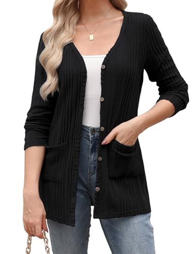Aottori Cárdigan Negro Mujer Elegante Cardigans Manga Larga Cuello en V de Punto Cardigan Otoño Ligero Casual Abrigo con Botones y Bolsillos Negro L