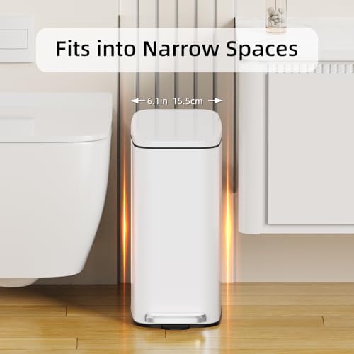 Image of KSSKSS Small Bathroom Trash Can with Lid Soft Close, Step Pedal, 6L / 1.6 Gal Stainless Steel Garbage Bin with Removable Inner Bucket, Slim Wastebasket for Narrow Spaces (White)