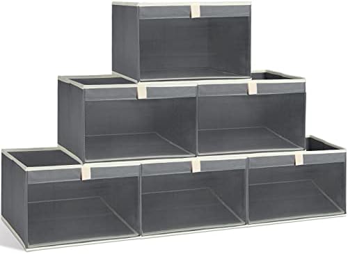 Panelee 6 Pcs Clear Window Storage Cubes 13" x 13" x 9" Closet Storage Bins with Handles Collapsible Cube Storage Organizer Foldable Basket for Home Office Shelf Organization (Gray)