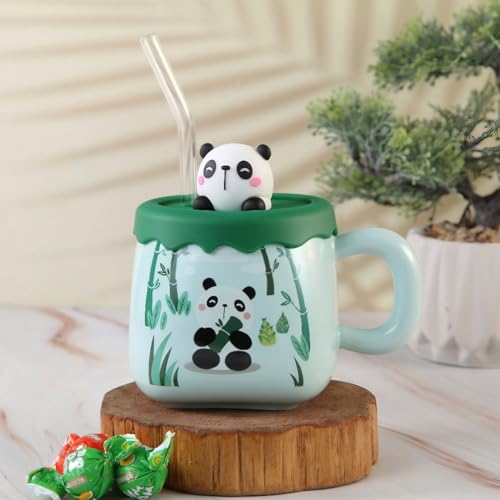 Image of Coffee Mug, Gift for Woman, Birthday Present for Girlfriend, Present for Wife Birthday, Mugs for Present, Holi Gifts, Panda Mug with Lid & Spoon Mug For Kids (PANDA Green)