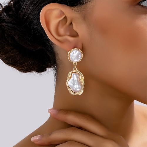 Dainty Chunky Gold Irregular Pearl Drop Earrings Trendy, Vintage Statement Baroque Pearls Earring Dangling for Women Thick Prom Party Y2k Jewelry Gift3