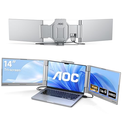 Image of AOC 14 inch Laptop Screen Extender, Triple Portable Monitor for 13 inch-17.3 inch Laptops, 1080P FHD IPS Display, HDMI /USB-C Cable Plug-Play, Laptop Monitor Extender for Mac /Windows (Silver)