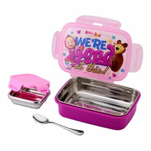 Image of SKI Snap Lock Steel Lunch Box with Steel Removable Container, A Small Inner Container & Spoon (Masha & The Bear)