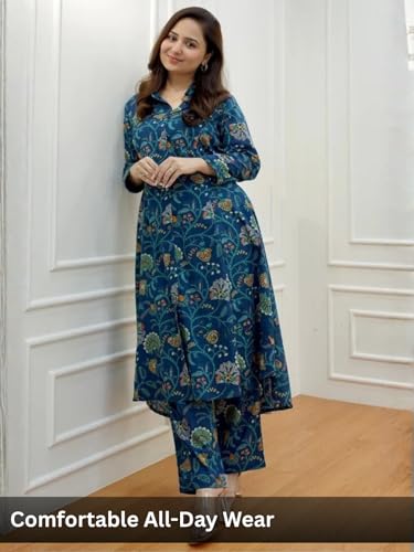 Image of Leriya Fashion Women's Cotton Printed A-Line Kurti Pant Set | Abstract Leaf & Floral Kurta with Trouser Pant | Casual Ethnic Co-ord Set for Women Stylish | Elegant Anarkali Style Tunic Kurta Set