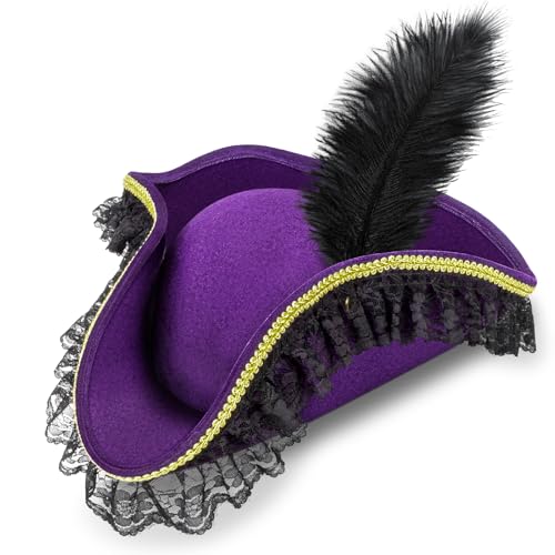 Lrvcnva Pirate Costume Hat Women,Pirate Accessories Halloween Costume,Purple Corduroy Pirate Hat with Feather for Adults