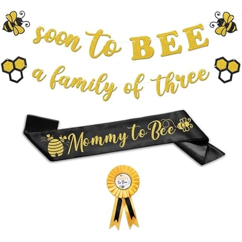Bumble Bee Baby Shower Decoration Set, Soon to Bee A Family of Three Banner Mom to Bee Sash Daddy to Bee Badge Bee Themed Sprinkle Gender Reveal Pregnancy Announcement Honeycomb Party Supplies Cover