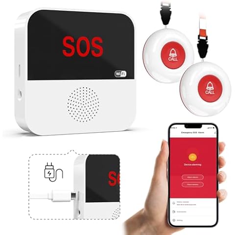 WiFi Rechargable Smart Wireless Caregiver Pager Call Button System Nurse Calling Alert System for Elderly Patient Seniors Disabled Kids 2 SOS Panic Buttons 1 Receiver (only Supports 2.4GHz Wi-Fi) Cover